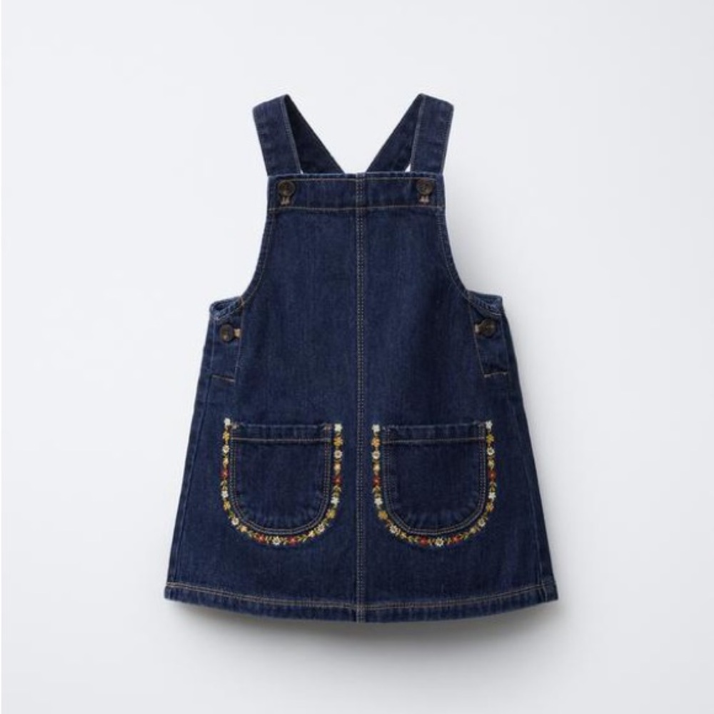 Zara Baby Girl Denim Pinafore Dress | Embroidered Pockets | Size 3Y